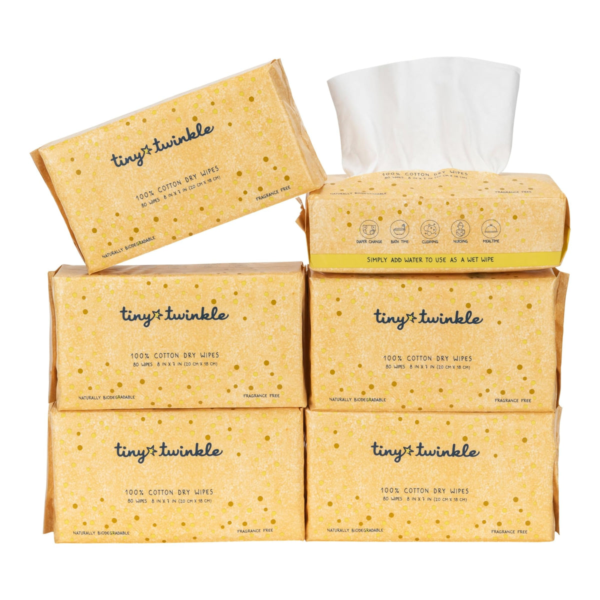 Tiny Twinkle 100% Cotton Dry Wipes for Baby | 480 Count | Use Wet or Dry | Scent Free (Fragrance-Free), Hypoallergenic Free | Ultra Soft, Strong & Gentle for Sensitive Skin