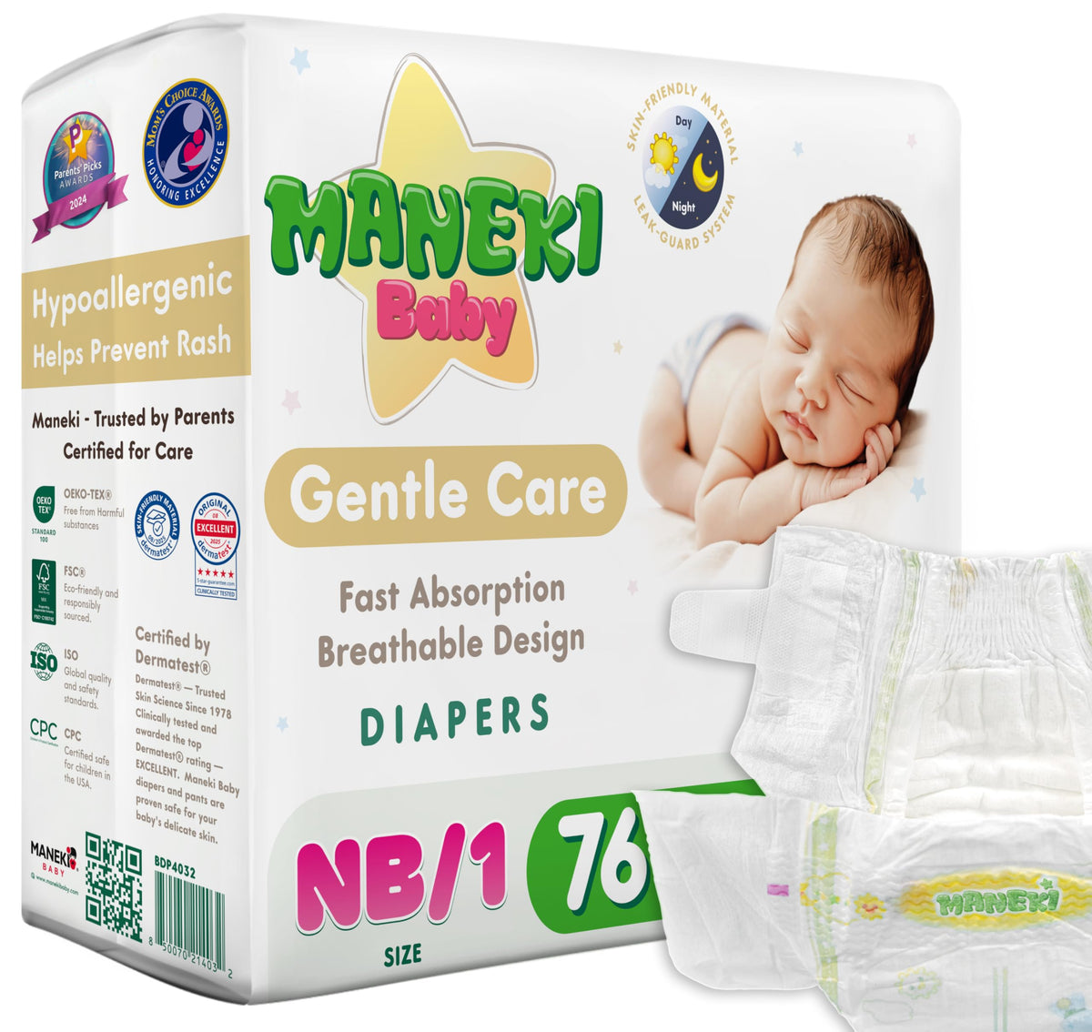 MANEKI Baby Diapers, Size 2 (9–18 lbs), 66 Count – Hypoallergenic, Fragrance-Free & Breathable, Up to 12-Hour Leak Protection for Sensitive Skin
