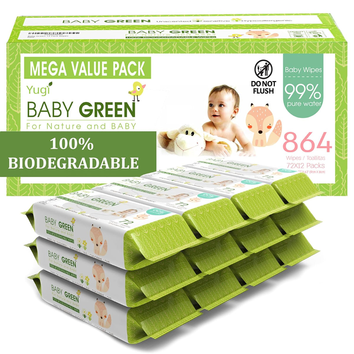 Yugi Green Baby Wipes for Babies Unscented, Made with Renewable Plant Fibers, Plant-Based, Fragrance-Free, for Sensitive Skin, 12 Packs,72 Count,864 wipes