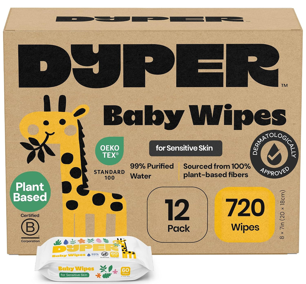 DYPER Baby Wipes 720 Count Hypoallergenic 99% Water Plant-Based Dermatologist Tested