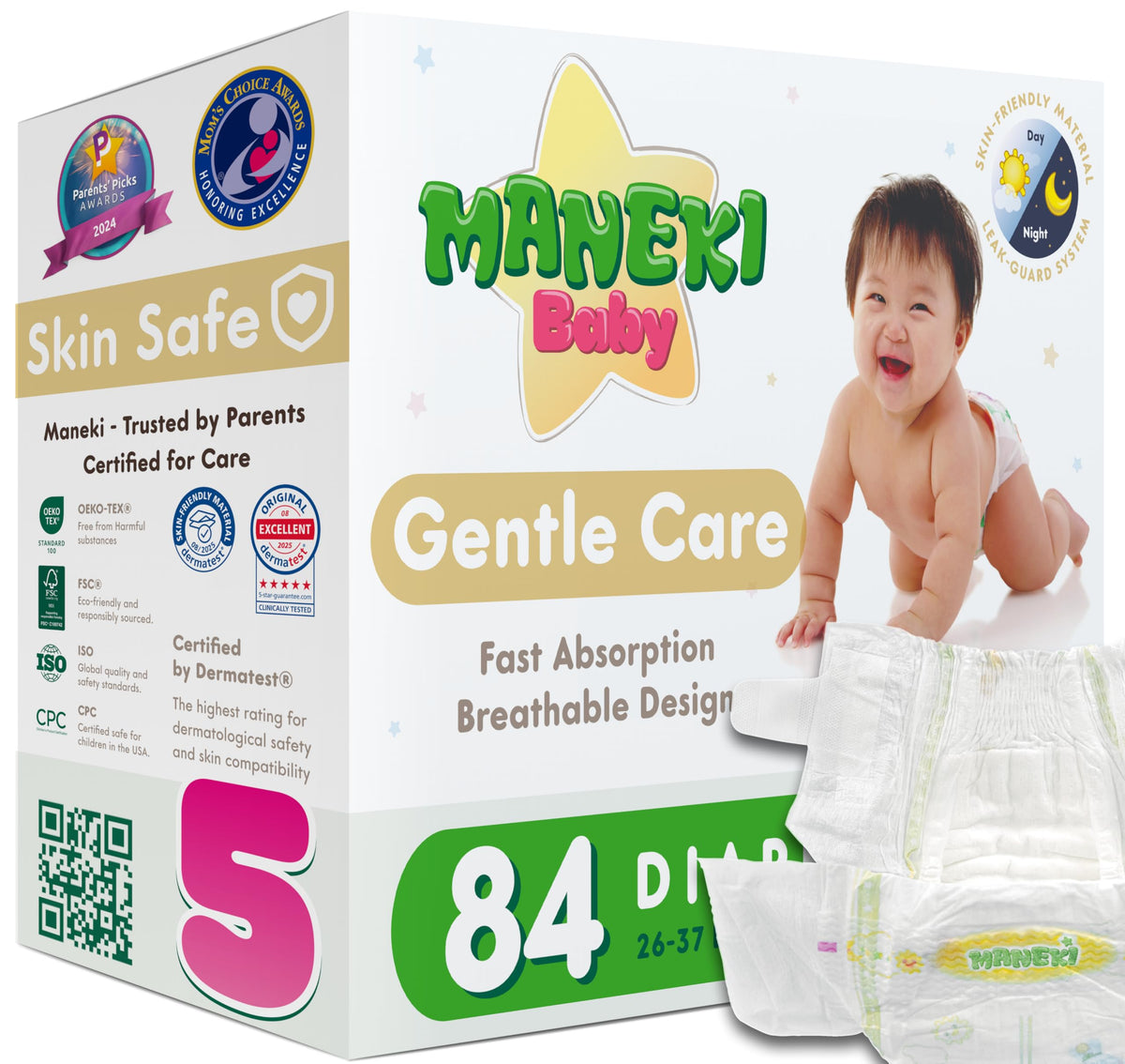 MANEKI Baby Diapers, Size 2 (9–18 lbs), 66 Count – Hypoallergenic, Fragrance-Free & Breathable, Up to 12-Hour Leak Protection for Sensitive Skin