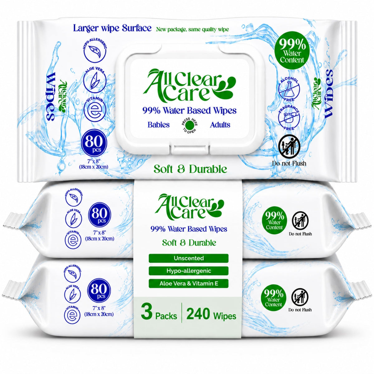 All Clear Care Baby Wipes, Unscented for Sensitive Skin, Large Soft Durable & 99% Water Based, Gentle & Hypoallergenic for Babies & Adults, Vitamin E and Aloe, Flip Top Lid, 3 Pack (240 Wipes)
