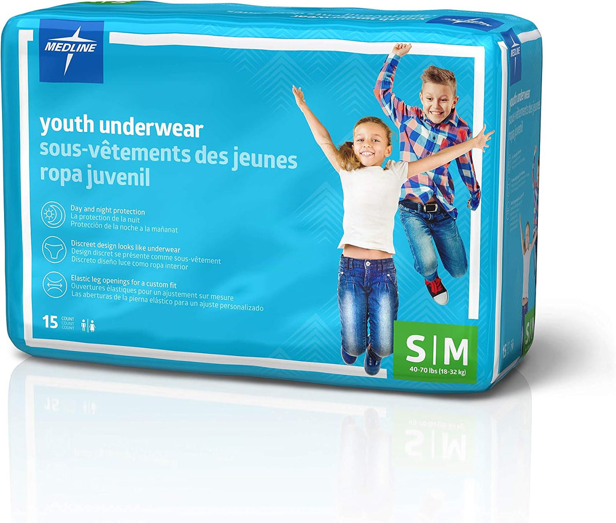 Medline Youth Disposable Protective Underwear, S/M Size for 40-70 lbs, Leakproof & Absorbent, Comfortable with Odor Control, Easy to Wear, 15 Count (1 Pack of 15)