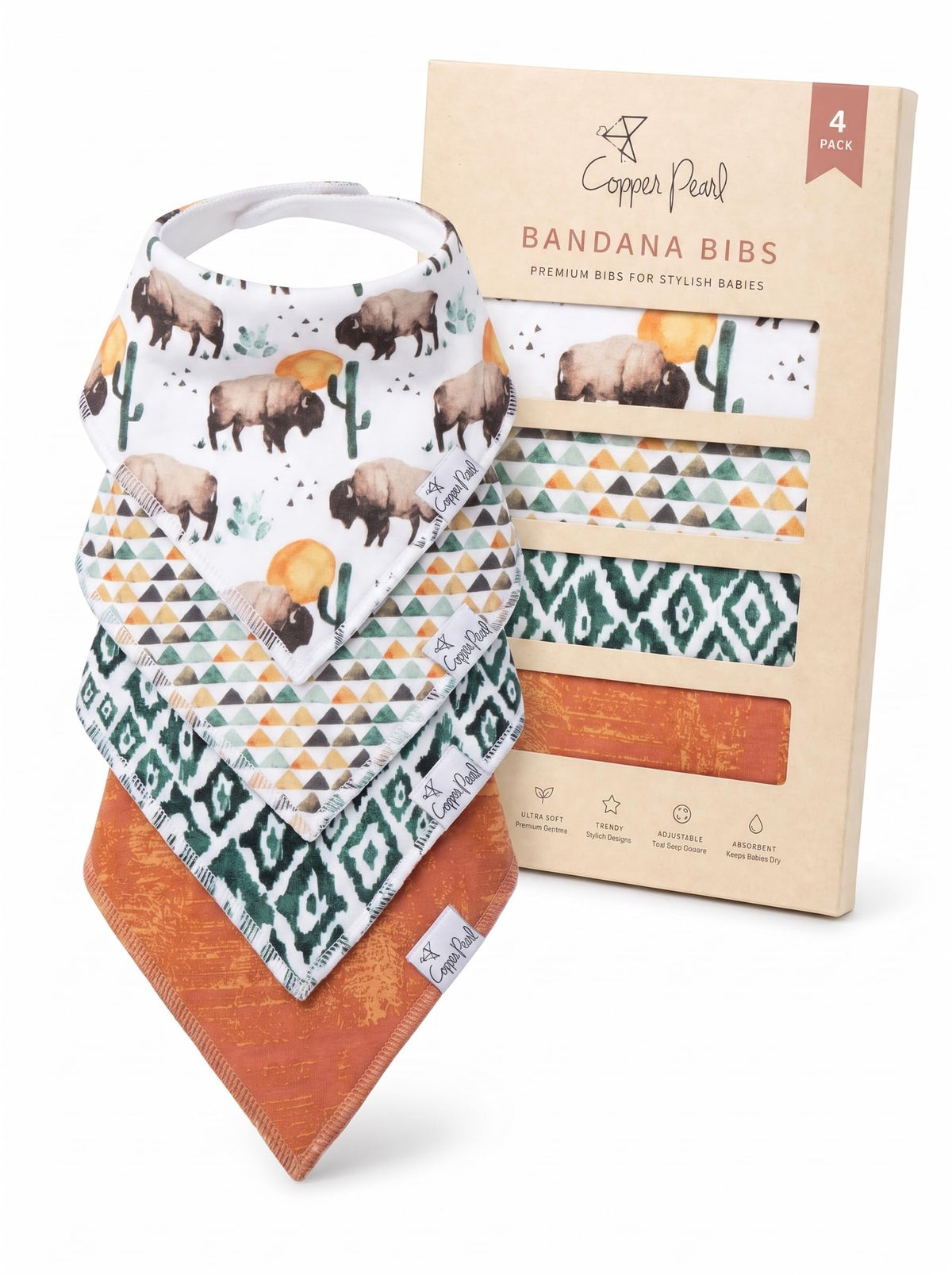 Copper Pearl Baby Bibs 4 Pack, Printed Bandana Drool Bibs for Baby Girl & Boy, Soft Cotton Drooling Teething Bibs