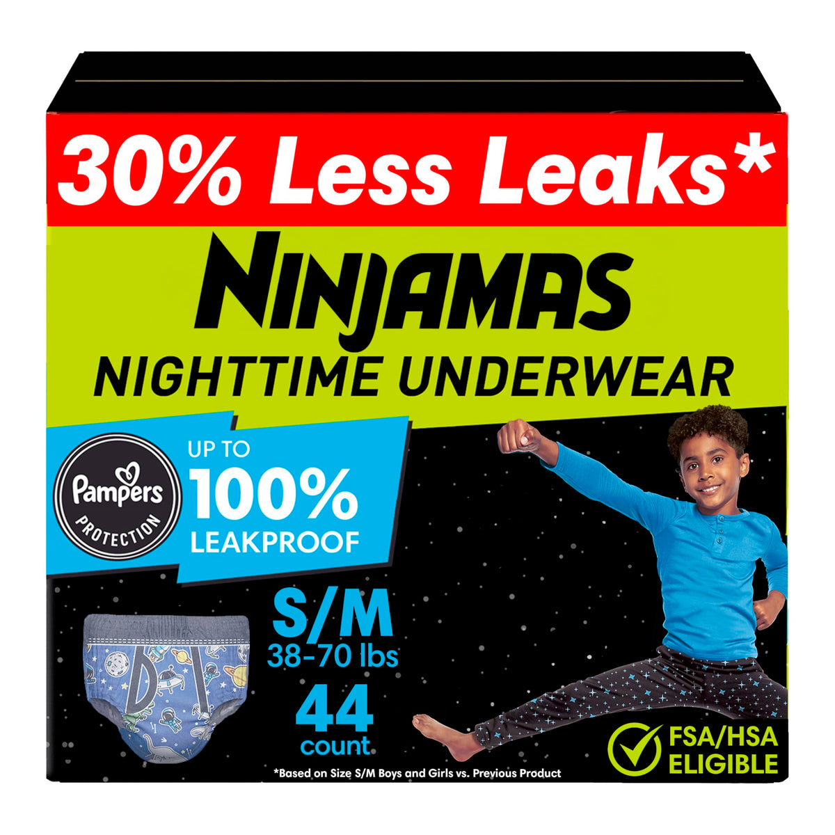 Ninjamas Boys Bedwetting Underwear, Size S/M (38-70 lbs), 14 Count, Overnight Protection, Ultra Absorbent, Hypoallergenic
