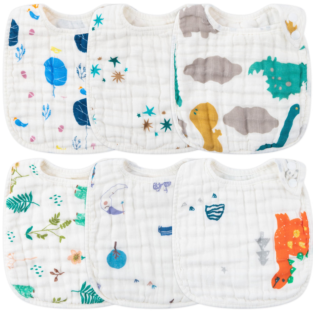Zainpe 6Pcs Snap Muslin Cotton Baby Bibs White Adjustable Drool Bib with 6 Absorbent Soft Layers, Machine Washable Unisex Burp Cloths for 3 to 36 Months Boys Girls Infant Newborn Toddler