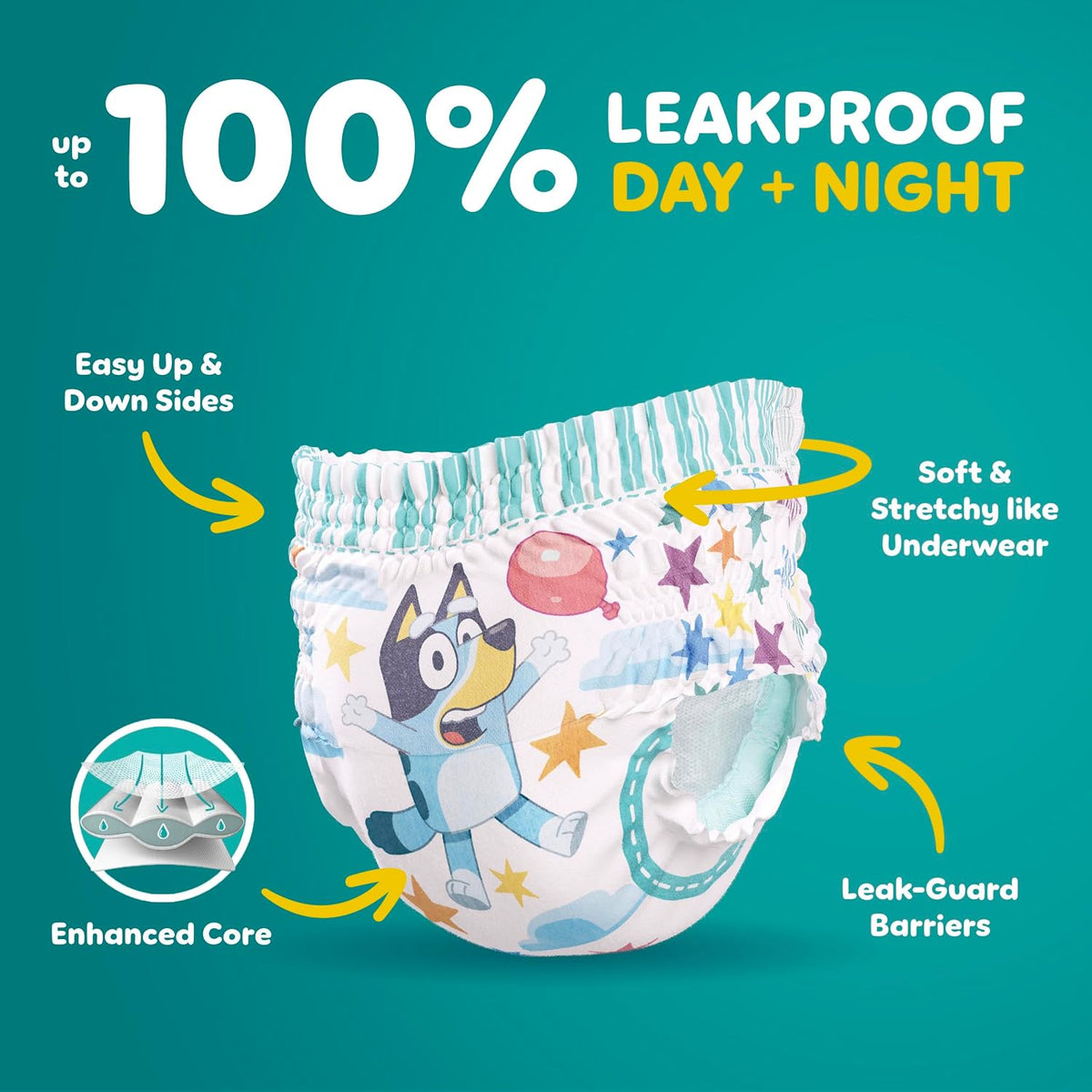 Pampers Easy Ups Girls & Boys Potty Training Pants, Size 4 (2T3T), 140 Count, Bluey Absorbent Training Underwear, Up to 100% Leakproof Day and Night, Hypoallergenic