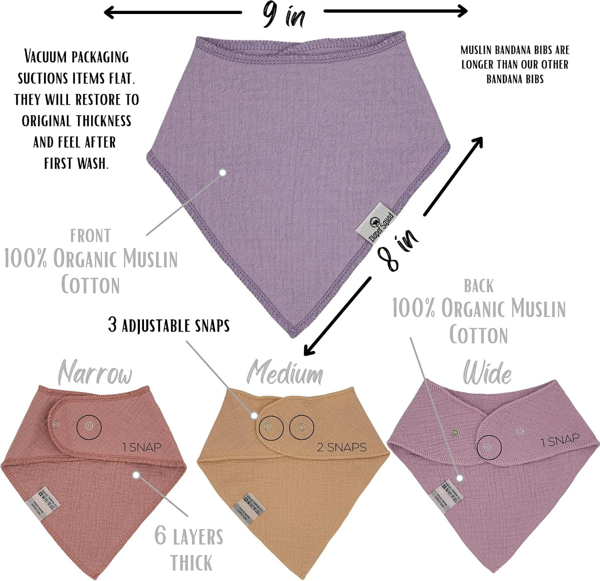 Diaper Squad 10-Pack Organic Muslin Cotton Baby Bibs for Baby Boy, Girl