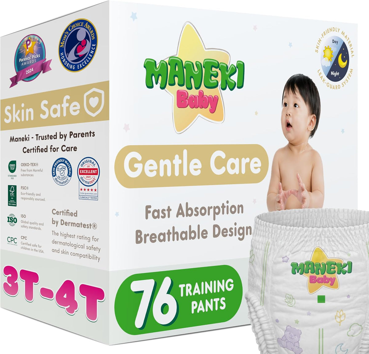 Maneki Baby Hypoallergenic Potty Training Pants 3T–4T, 76 Count (26–37 lbs), Pull-On Diaper Pants & Training Underwear, Soft, Unscented & High Absorbency for Overnight & Daily Use (Pack May Vary)