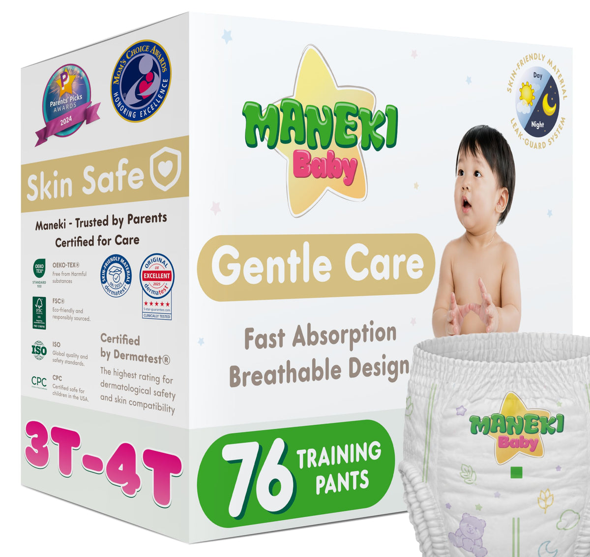Maneki Baby Hypoallergenic Potty Training Pants 3T–4T, 76 Count (26–37 lbs), Pull-On Diaper Pants & Training Underwear, Soft, Unscented & High Absorbency for Overnight & Daily Use (Pack May Vary)