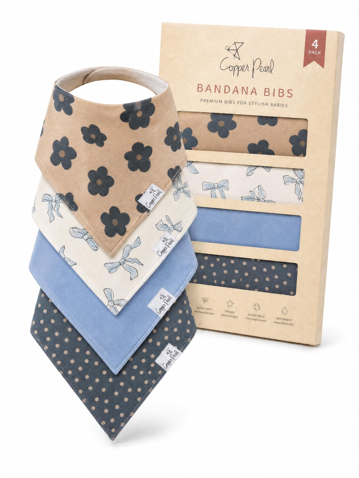 Copper Pearl Baby Bibs 4 Pack, Printed Bandana Drool Bibs for Baby Girl & Boy, Soft Cotton Drooling Teething Bibs