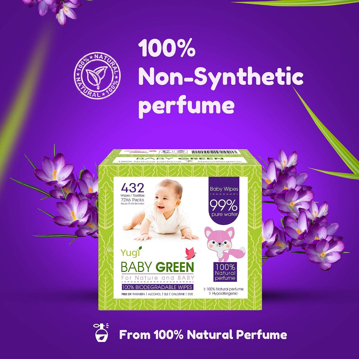 Biodegradable Baby Wipes Natural Perfume – Pack (6 Packs of 72) 432 – 99% Pure Water Plastic Free Moist Newborn Diaper Wipes, Wet Wipe for Babies & Adults Sensitive Skin