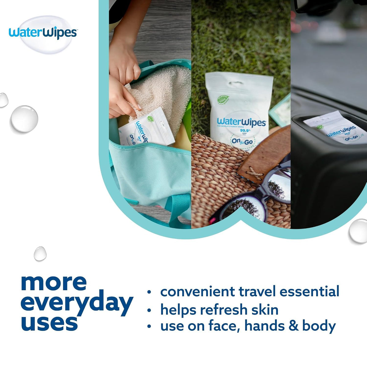 WaterWipes Sensitive+ On The Go Wipes, 3-In-1 Cleans, Cares, Protects, 99.9% Water, Unscented & Hypoallergenic Wet Wipes, 224 Count (8 Packs)