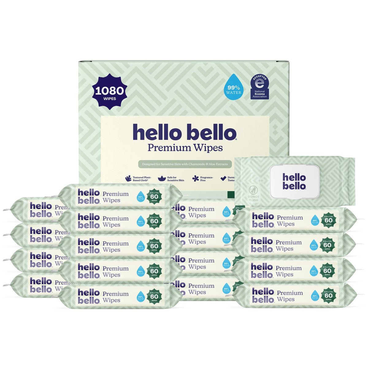 Hello Bello Premium Baby Wipes (Simply Sage) Fragrance-Free 18pk = 1080ct