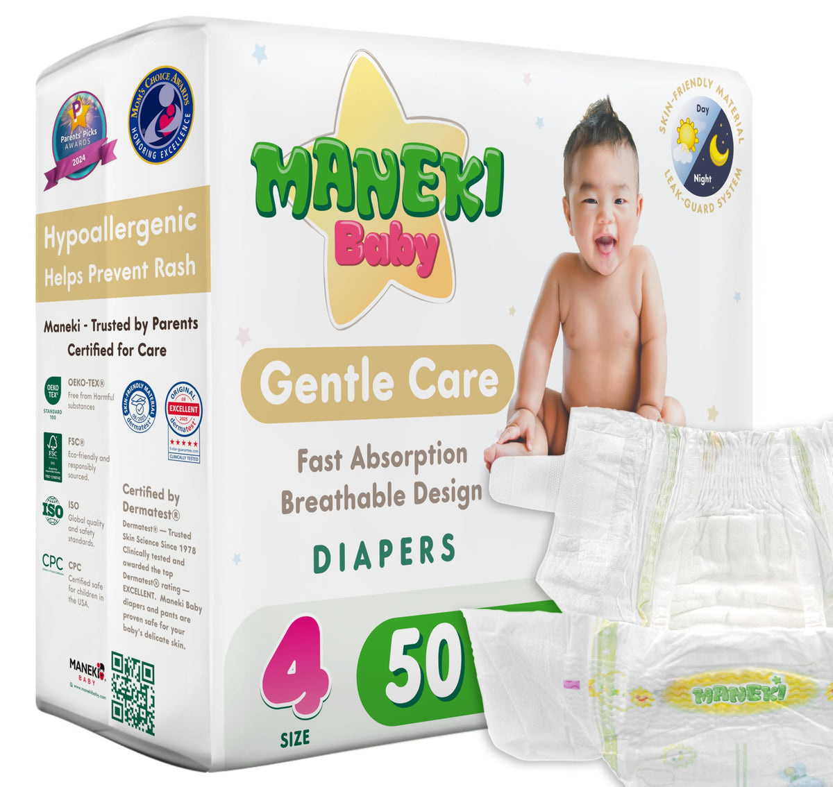 MANEKI Baby Diapers, Size 2 (9–18 lbs), 66 Count – Hypoallergenic, Fragrance-Free & Breathable, Up to 12-Hour Leak Protection for Sensitive Skin