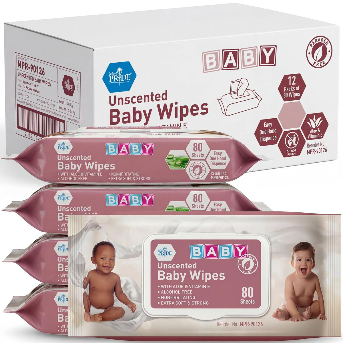 MED PRIDE Unscented Sensitive Baby Wipes with Aloe & Vitamin E, 960Ct