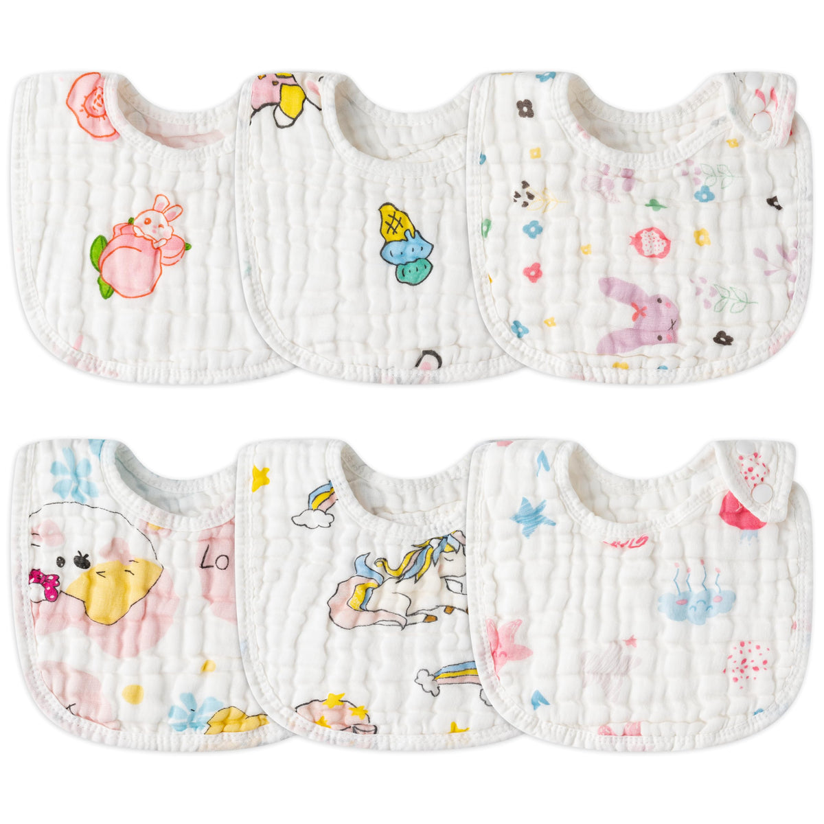 Zainpe 6Pcs Snap Muslin Cotton Baby Bibs White Adjustable Drool Bib with 6 Absorbent Soft Layers, Machine Washable Unisex Burp Cloths for 3 to 36 Months Boys Girls Infant Newborn Toddler