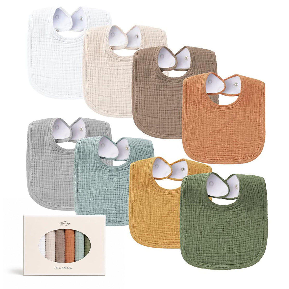 Konssy 8-Pack Muslin Baby Bibs, Adjustable Fit for Drooling and Teething