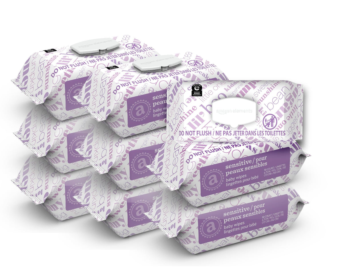 Amazon Elements Baby Wipes, Sensitive, Unscented, Cleans Gently, 810 Count, Flip-Top Packs, Pack of 9