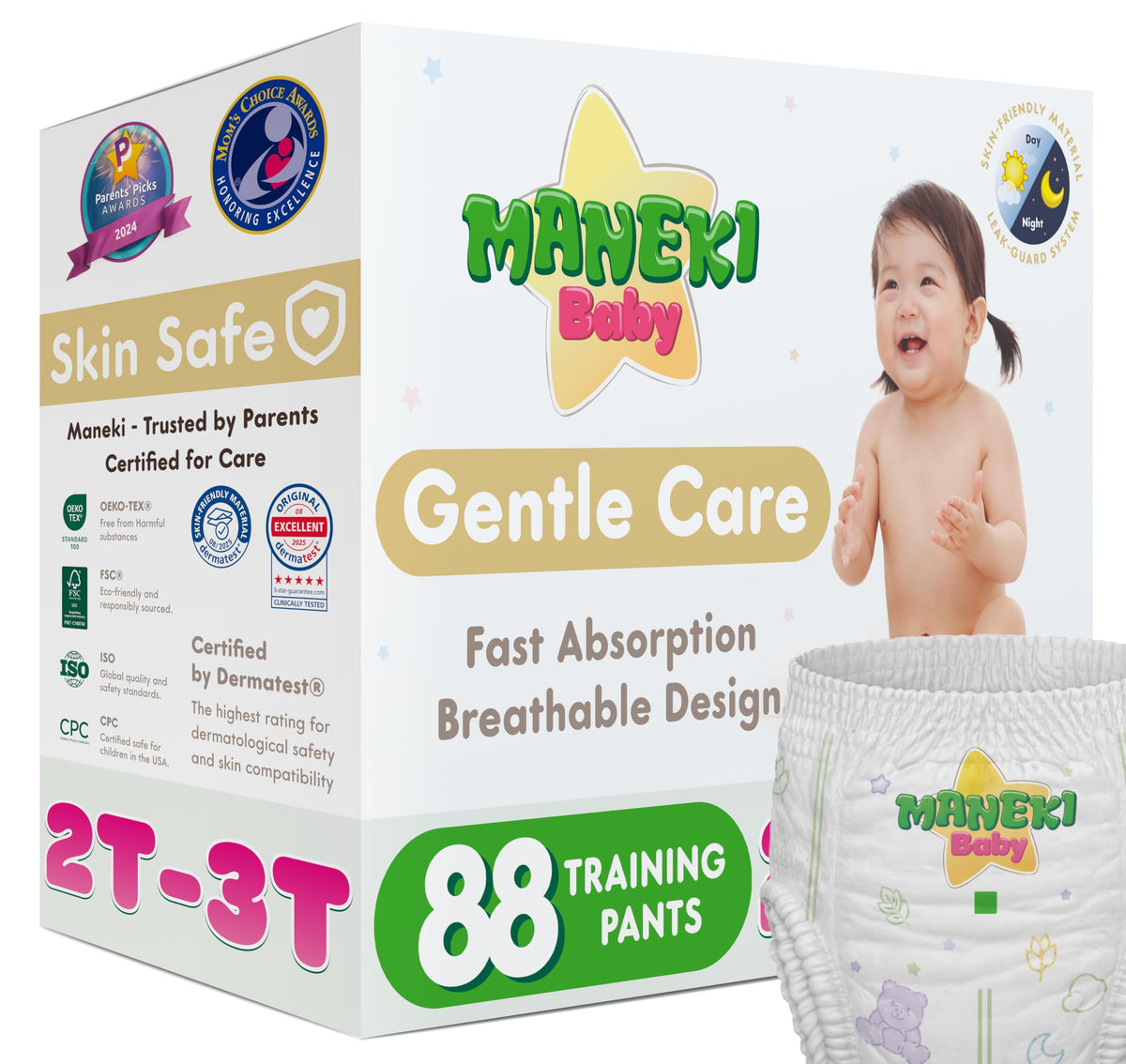 Maneki Baby Hypoallergenic Potty Training Pants 3T–4T, 76 Count (26–37 lbs), Pull-On Diaper Pants & Training Underwear, Soft, Unscented & High Absorbency for Overnight & Daily Use (Pack May Vary)