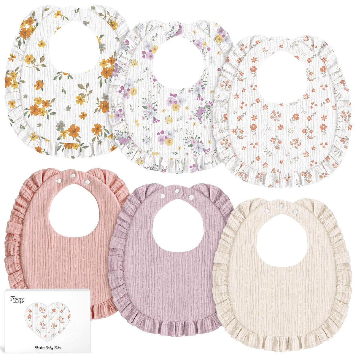 6 Pack Muslin Baby Bibs for Girls Boys, Drool Bibs with Ruffle Trim, Floral
