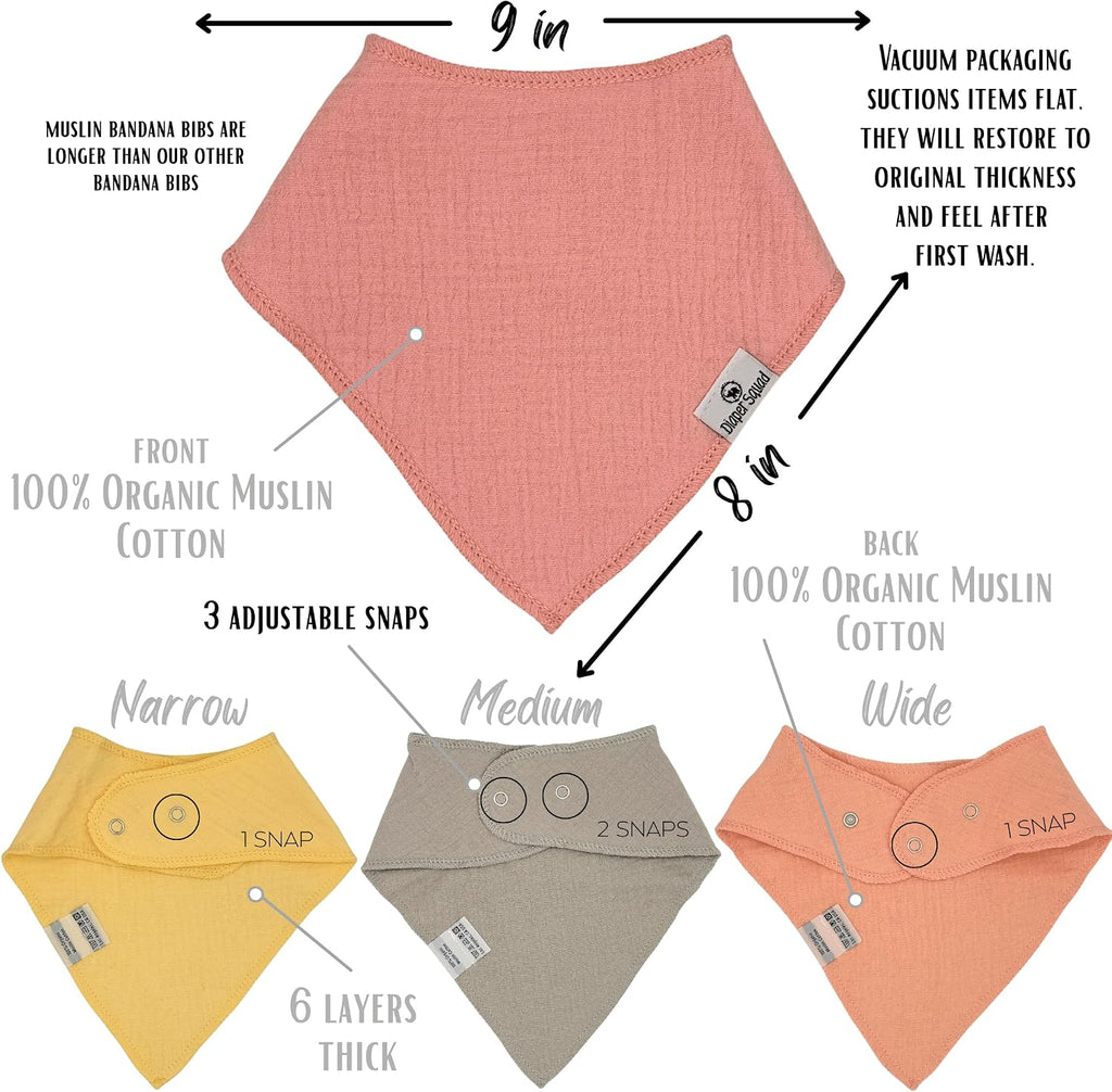 Diaper Squad 10-Pack Organic Muslin Cotton Baby Bibs for Baby Boy, Girl