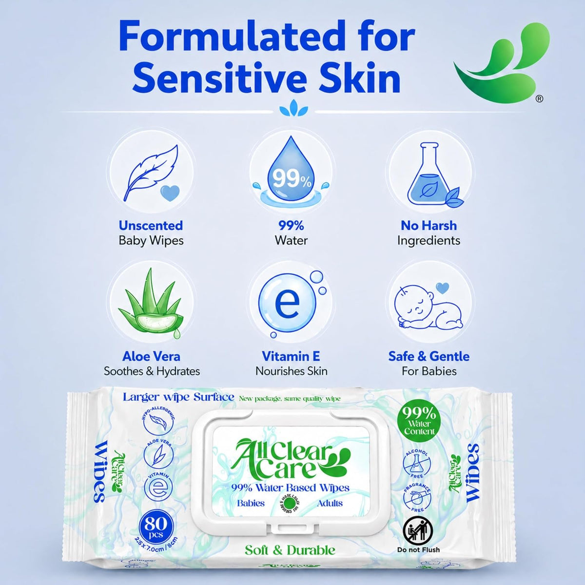 All Clear Care Baby Wipes, Unscented for Sensitive Skin, Large Soft Durable & 99% Water Based, Gentle & Hypoallergenic for Babies & Adults, Vitamin E and Aloe, Flip Top Lid, 3 Pack (240 Wipes)