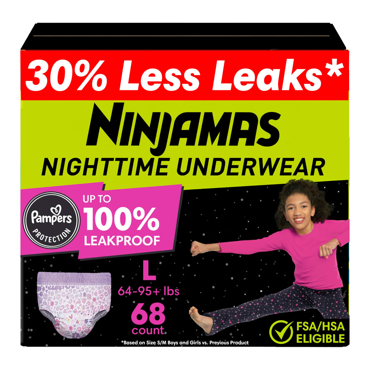 Ninjamas Girls Bedwetting Nighttime Underwear, Size S/M (38-70 lbs), 88 Count, Overnight Protection, Ultra Absorbent, Hypoallergenic