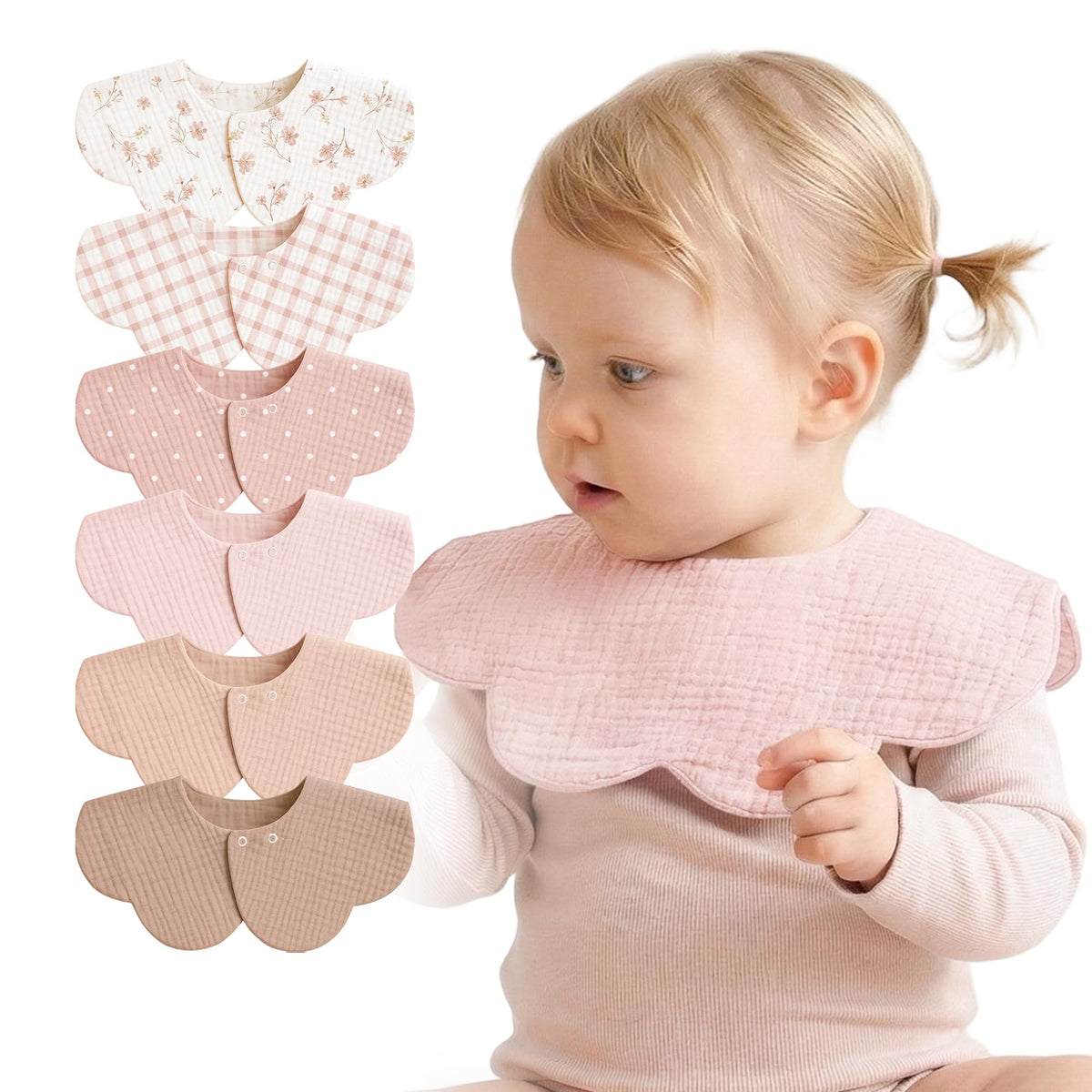 MairMore 6-Pack Muslin Baby Bibs, 360° Rotate Flower-Shaped Drool Bibs