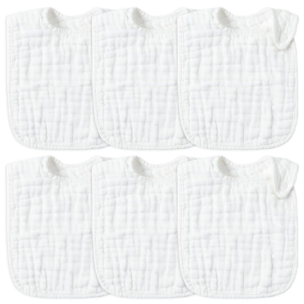 Zainpe 6Pcs Snap Muslin Cotton Baby Bibs White Adjustable Drool Bib with 6 Absorbent Soft Layers, Machine Washable Unisex Burp Cloths for 3 to 36 Months Boys Girls Infant Newborn Toddler