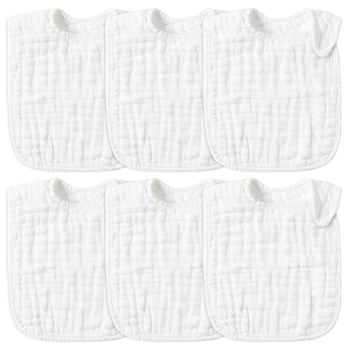 Zainpe 6Pcs Snap Muslin Cotton Baby Bibs White Adjustable Drool Bib with 6 Absorbent Soft Layers, Machine Washable Unisex Burp Cloths for 3 to 36 Months Boys Girls Infant Newborn Toddler