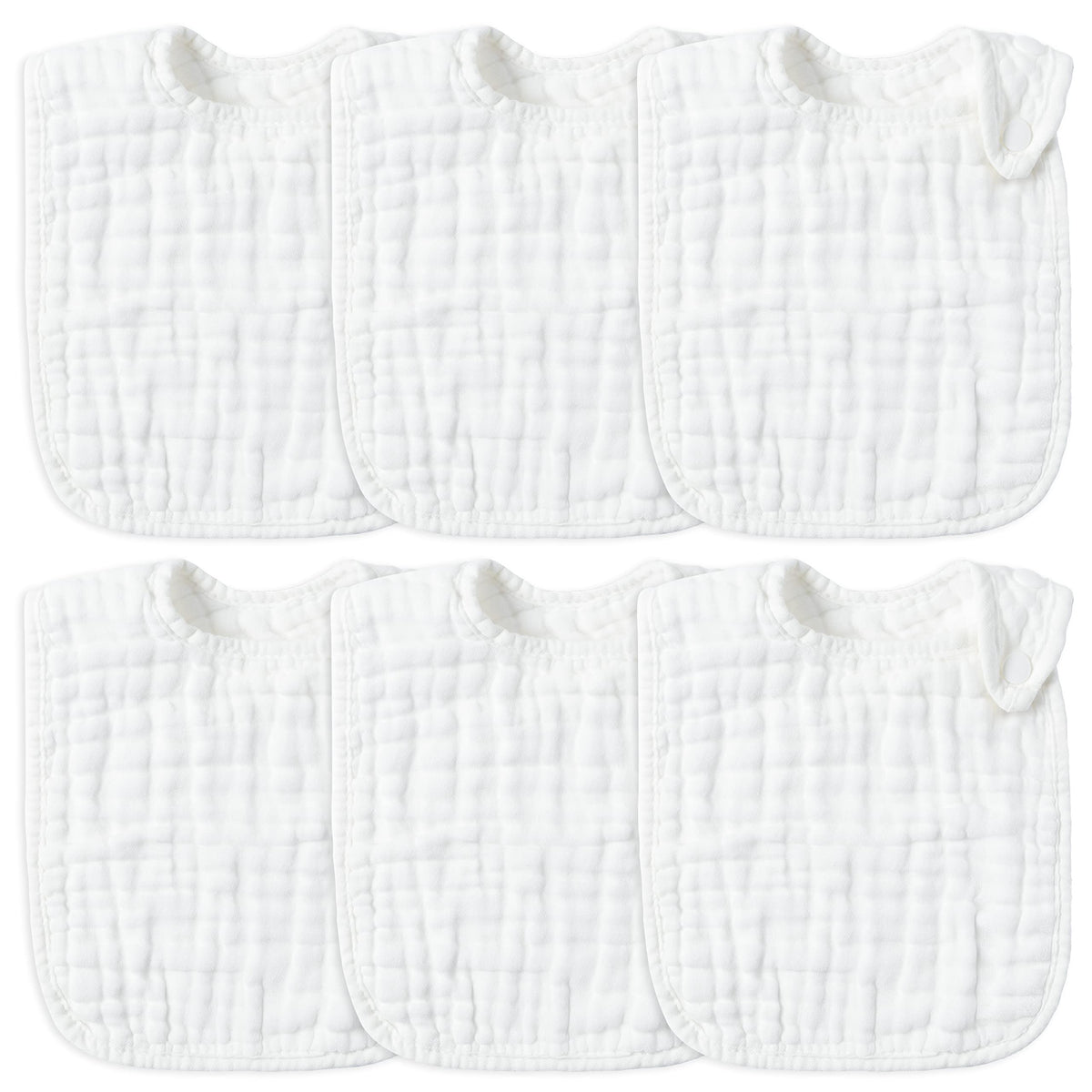 Zainpe 6Pcs Snap Muslin Cotton Baby Bibs White Adjustable Drool Bib with 6 Absorbent Soft Layers, Machine Washable Unisex Burp Cloths for 3 to 36 Months Boys Girls Infant Newborn Toddler