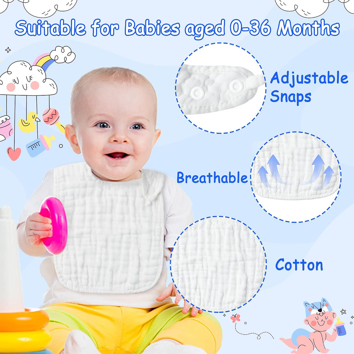 Zainpe 6Pcs Snap Muslin Cotton Baby Bibs White Adjustable Drool Bib with 6 Absorbent Soft Layers, Machine Washable Unisex Burp Cloths for 3 to 36 Months Boys Girls Infant Newborn Toddler