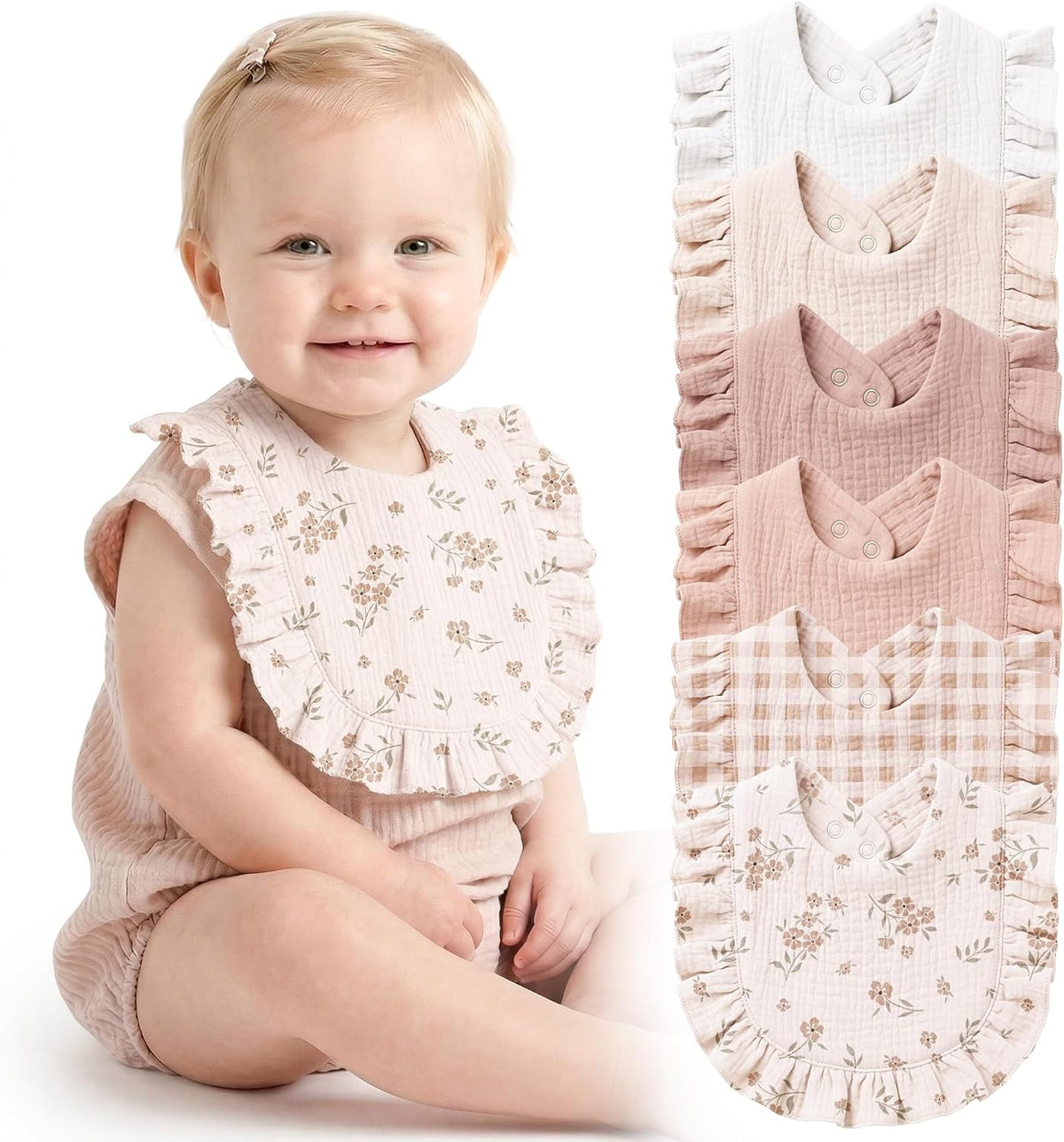 Konssy 6-Pack Muslin Baby Girl Bibs, 100% Soft Cotton Absorbent Drool Bibs