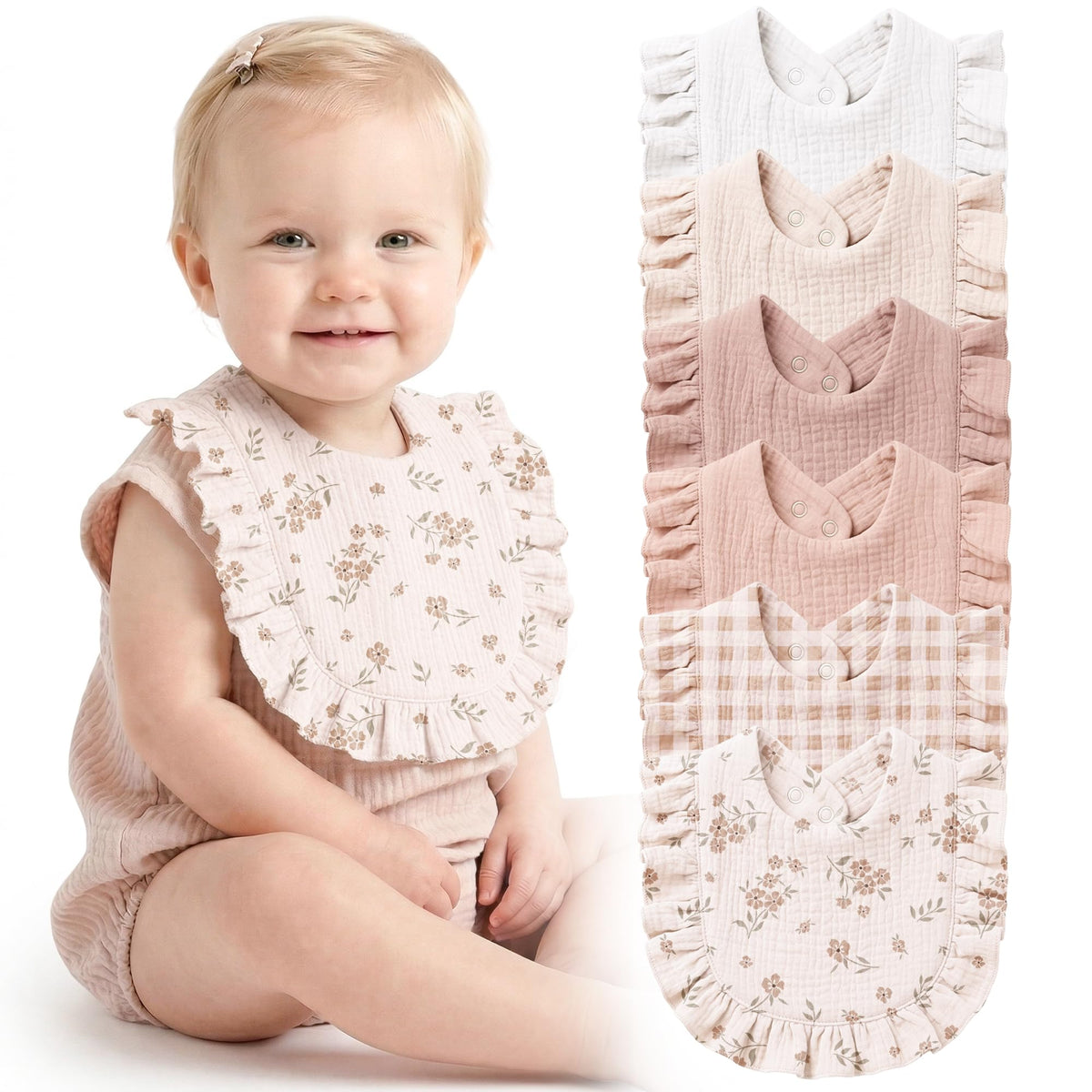 Konssy 6-Pack Muslin Baby Girl Bibs, 100% Soft Cotton Absorbent Drool Bibs