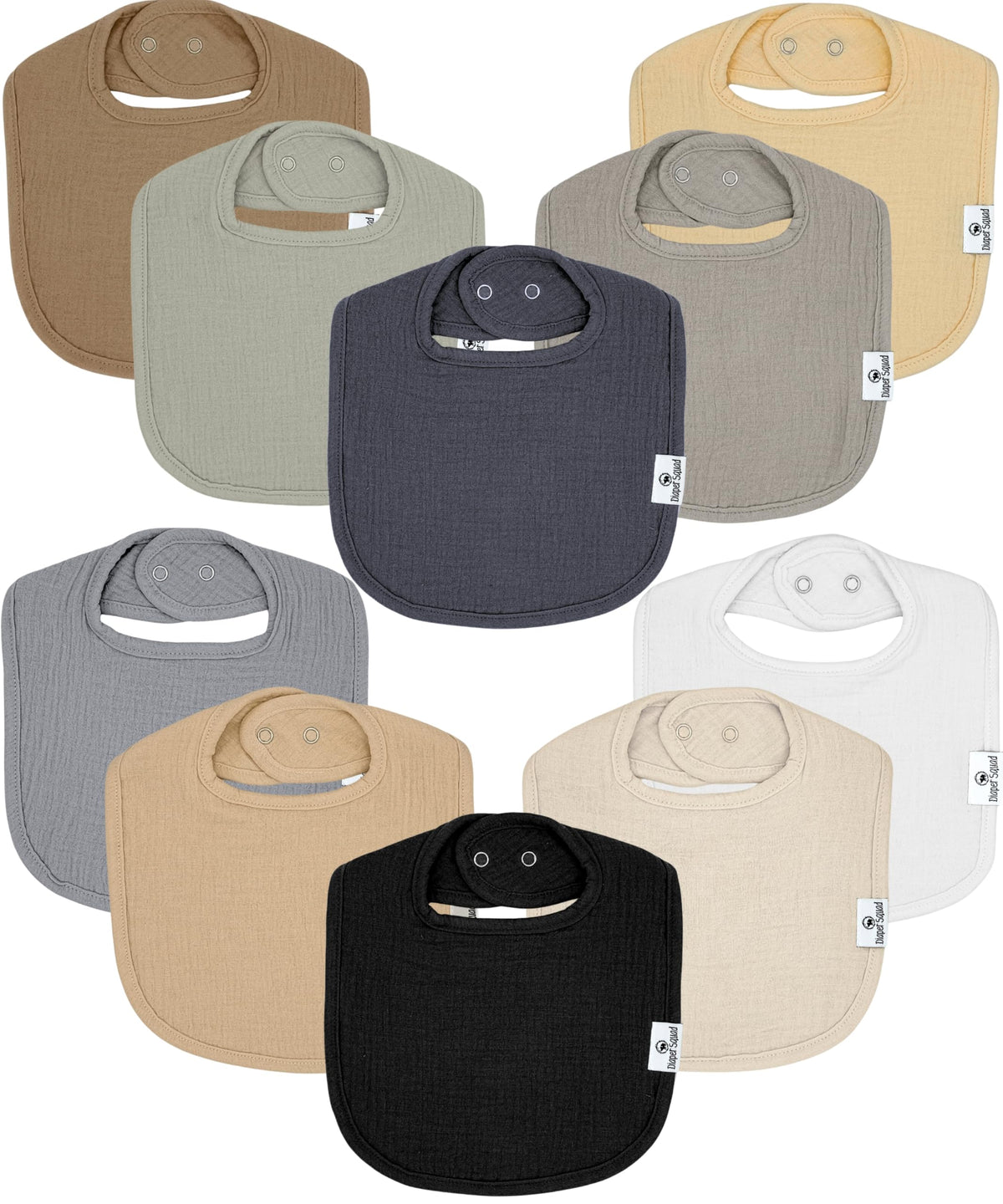 Diaper Squad 10-Pack Organic Muslin Cotton Baby Bibs for Baby Boy, Girl