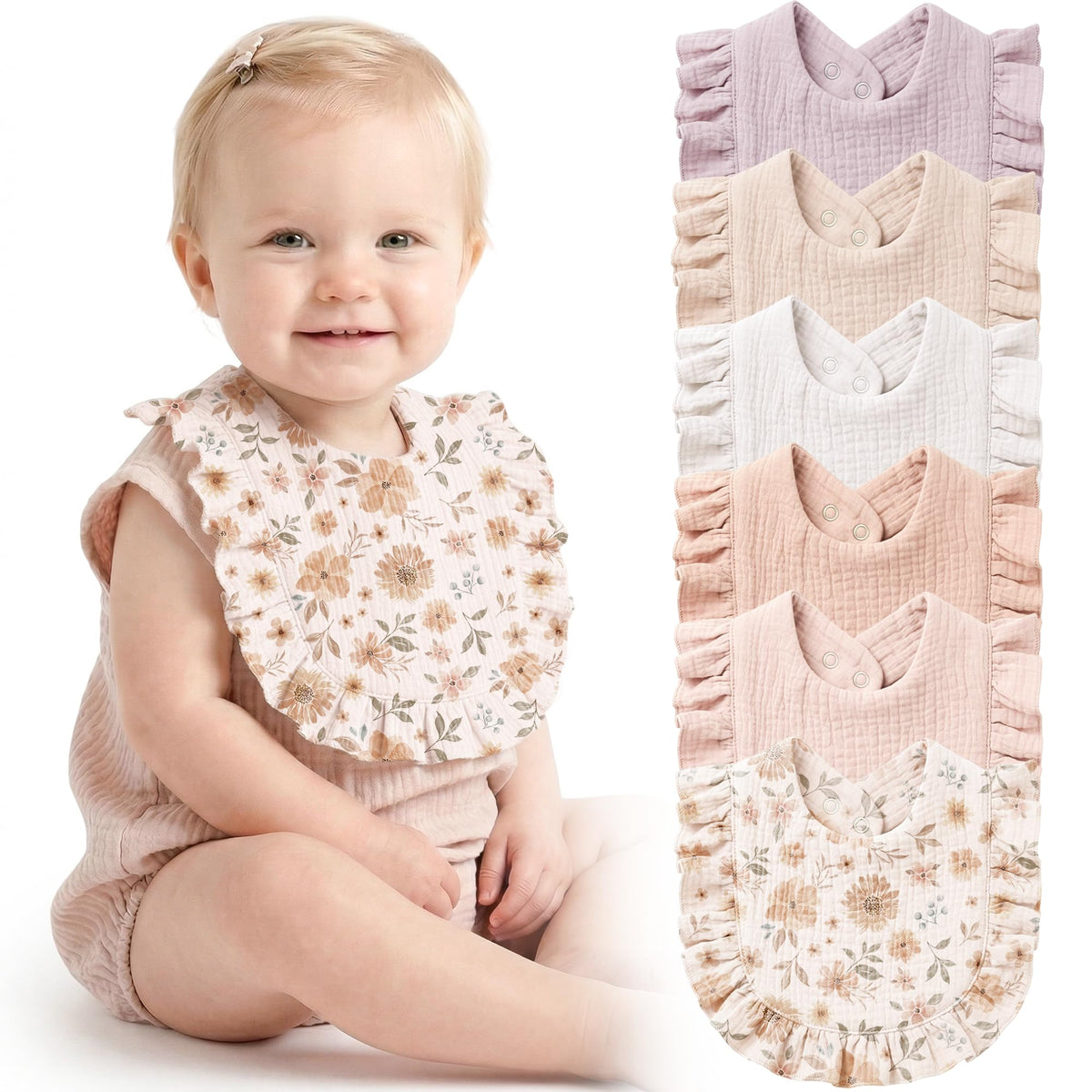 Konssy 6-Pack Muslin Baby Girl Bibs, 100% Soft Cotton Absorbent Drool Bibs