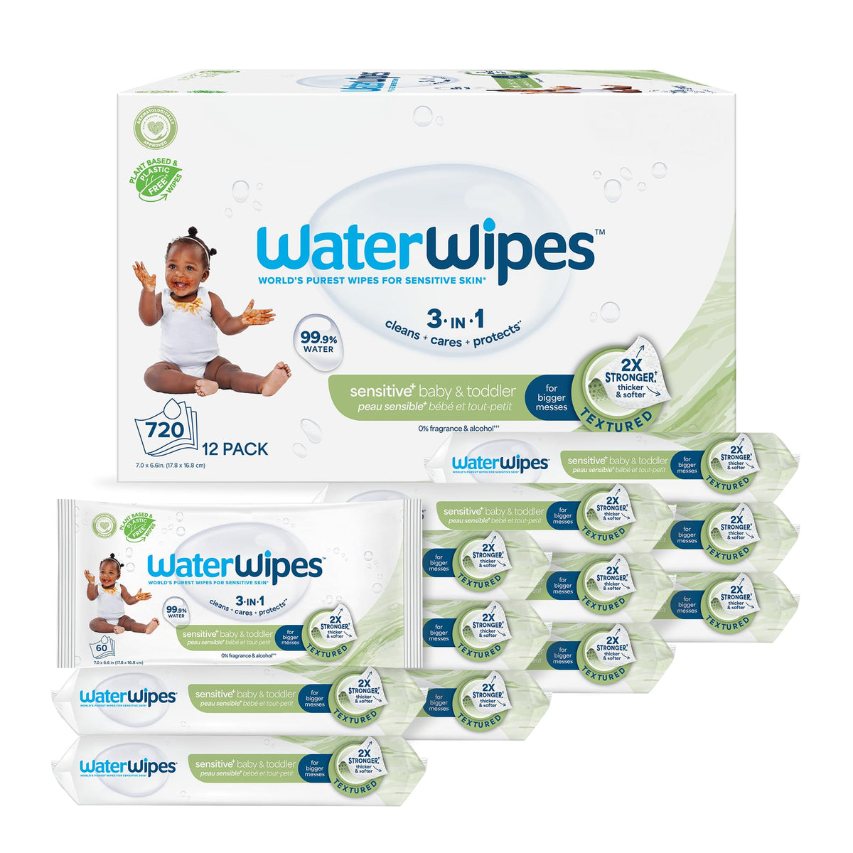 WaterWipes Sensitive+ Baby & Toddler Wipes, 3-In-1 Cleans, Cares, Protects, 99.9% Water, Textured Clean, Unscented & Hypoallergenic, 720 Count (12 Packs)