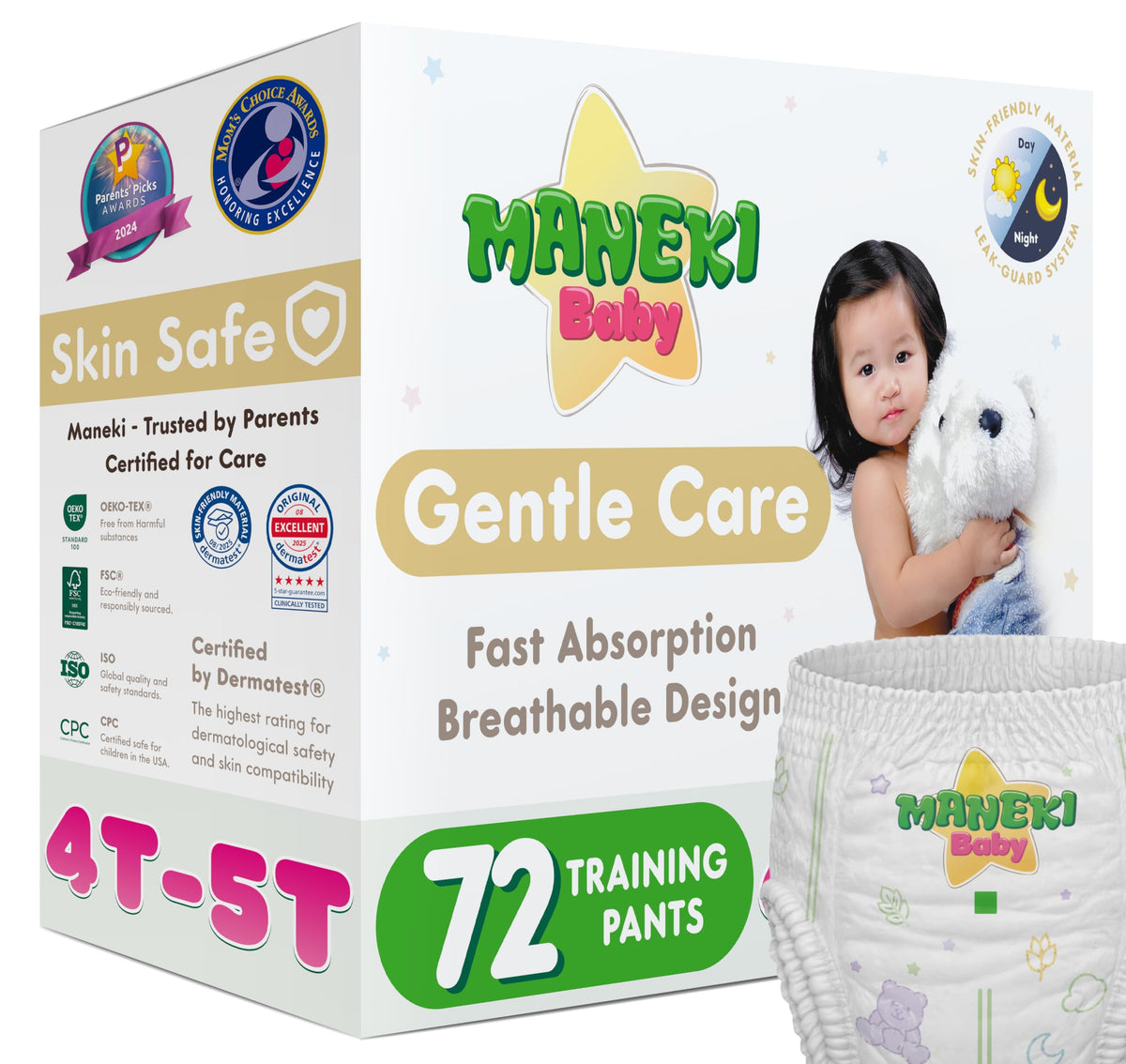 Maneki Baby Hypoallergenic Potty Training Pants 3T–4T, 76 Count (26–37 lbs), Pull-On Diaper Pants & Training Underwear, Soft, Unscented & High Absorbency for Overnight & Daily Use (Pack May Vary)