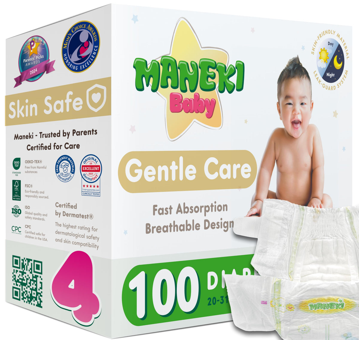 MANEKI Baby Diapers, Size 2 (9–18 lbs), 66 Count – Hypoallergenic, Fragrance-Free & Breathable, Up to 12-Hour Leak Protection for Sensitive Skin