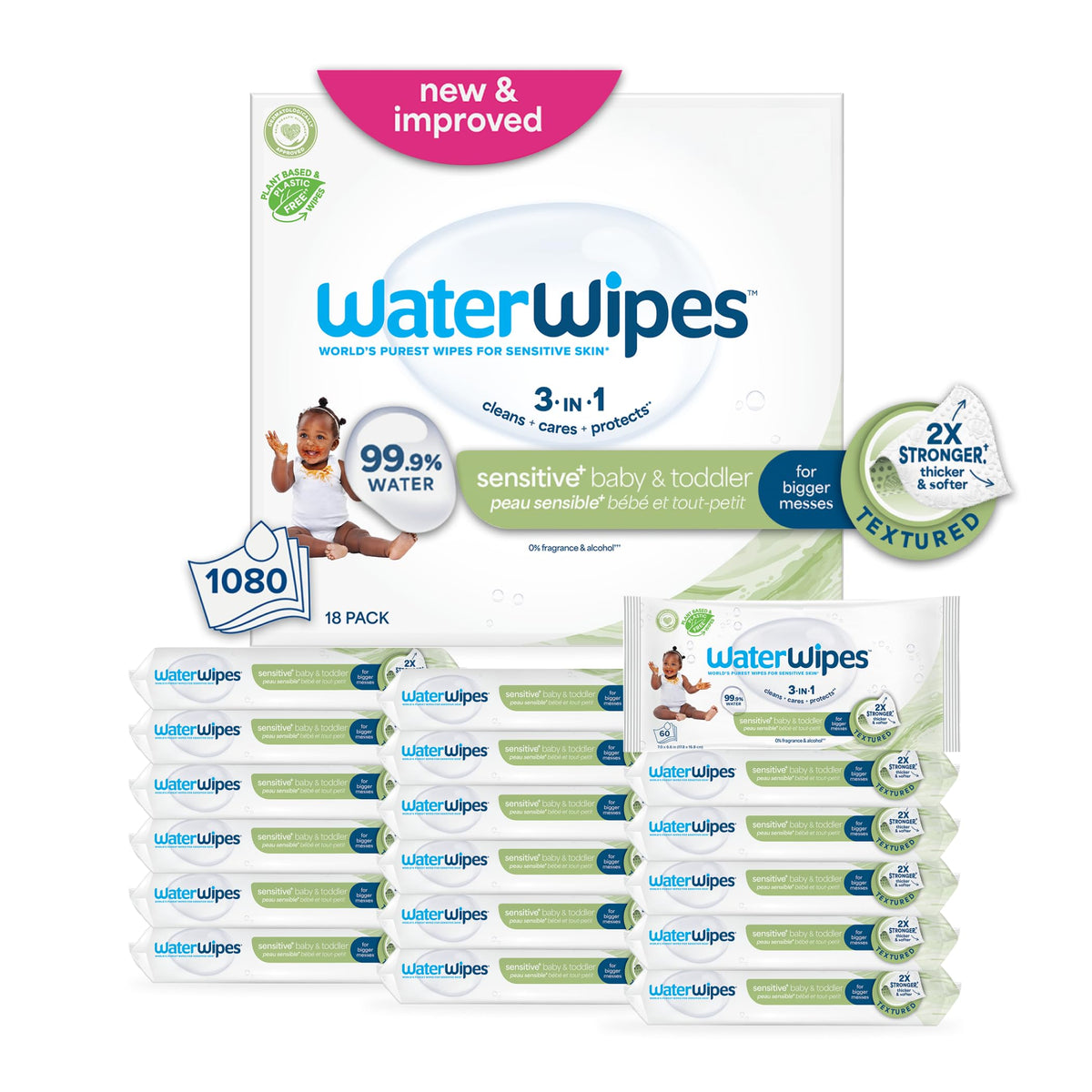 WaterWipes Sensitive+ Baby & Toddler Wipes, 3-In-1 Cleans, Cares, Protects, 99.9% Water, Textured Clean, Unscented & Hypoallergenic, 720 Count (12 Packs)