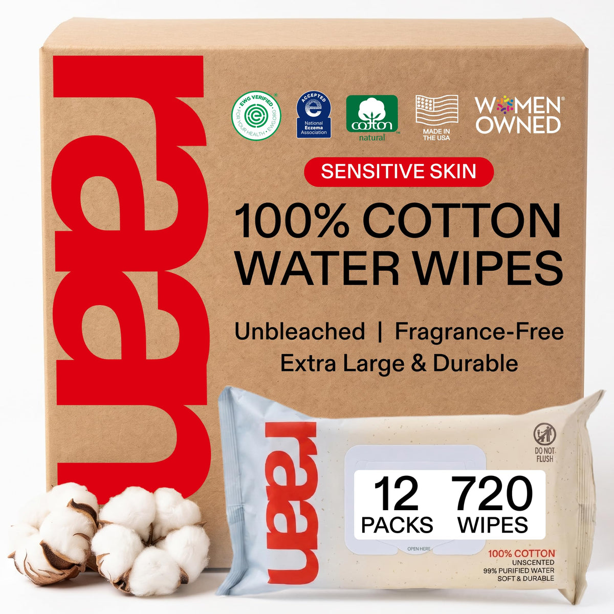 Raan, 100% Cotton Baby Wipes, Unbleached, 99% Purified Water, Unscented, EWG verified, For Extra Sensitive Skin, Naturally Soft and Durable, 4 pack, 240 Count
