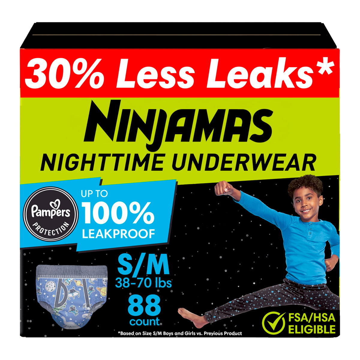 Ninjamas Boys Bedwetting Underwear, Size S/M (38-70 lbs), 14 Count, Overnight Protection, Ultra Absorbent, Hypoallergenic