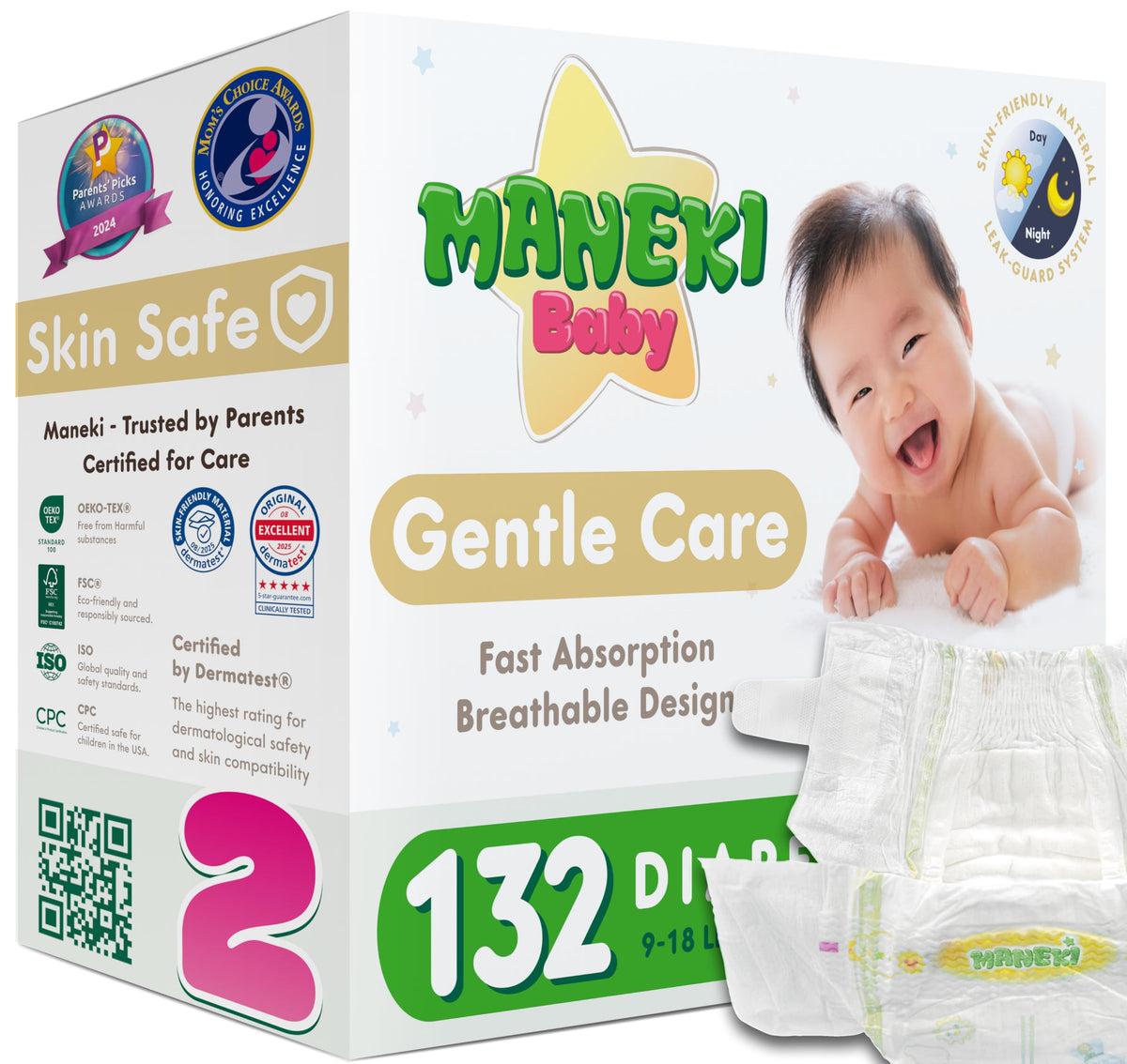MANEKI Baby Diapers, Size 2 (9–18 lbs), 66 Count – Hypoallergenic, Fragrance-Free & Breathable, Up to 12-Hour Leak Protection for Sensitive Skin