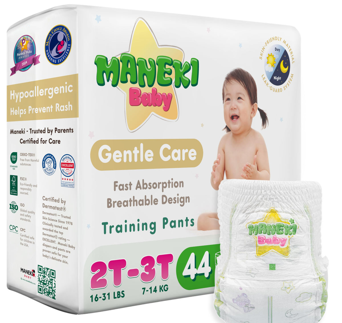 Maneki Baby Hypoallergenic Potty Training Pants 3T–4T, 76 Count (26–37 lbs), Pull-On Diaper Pants & Training Underwear, Soft, Unscented & High Absorbency for Overnight & Daily Use (Pack May Vary)
