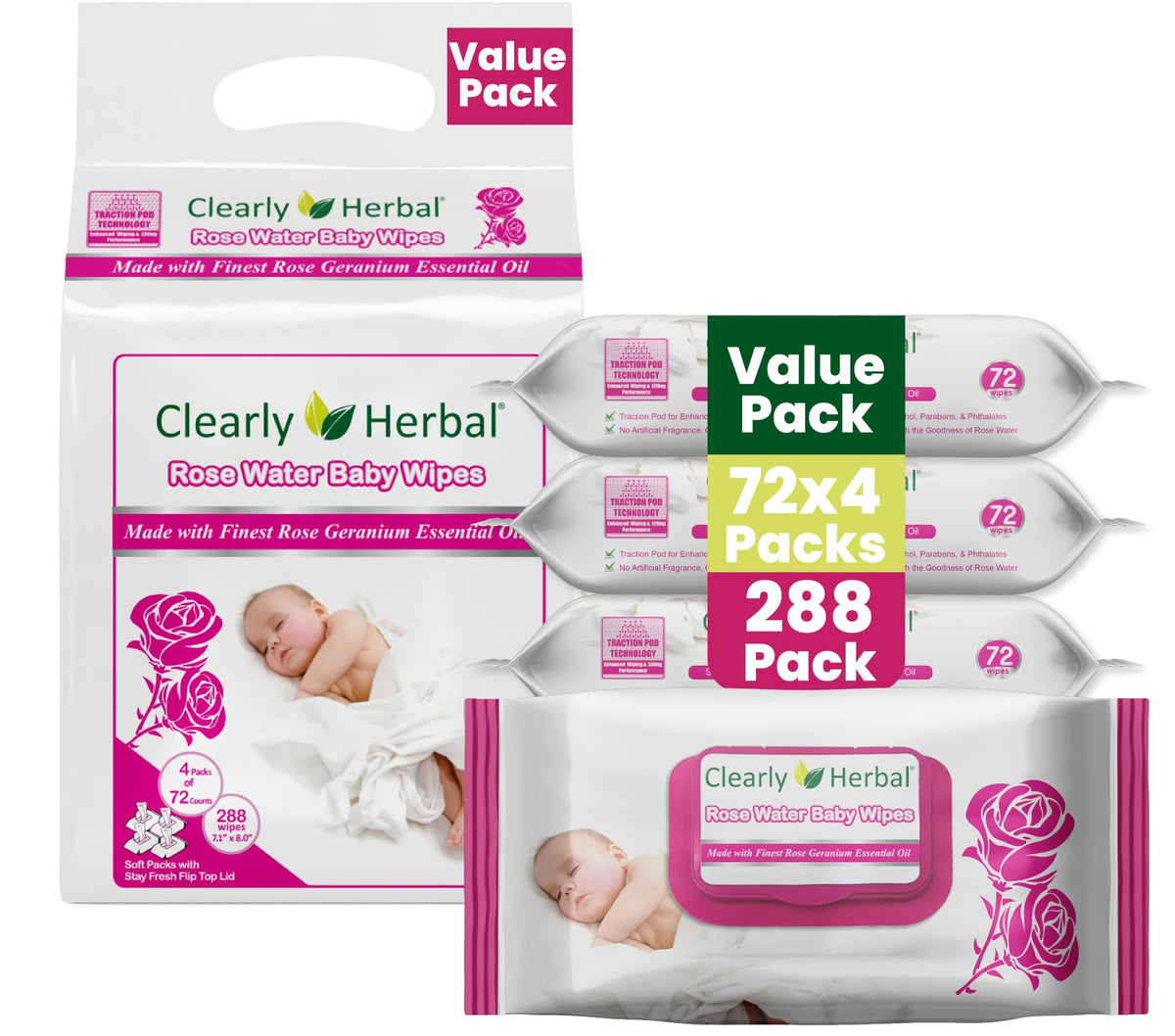 Baby Wipes, made with Essential Oils and Natural Herbal Extracts, Parent's Choice, Case Pack 288 Plant Based Wipes (4 Packs x 72 Count)