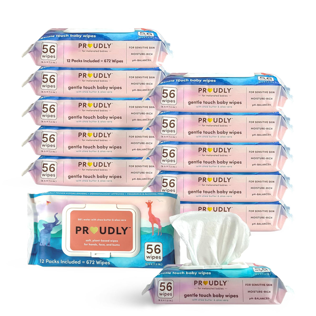 PROUDLY Gentle Touch Baby Wipes, Unscented & Hypoallergenic Wipes for Black & Brown Babies' Skin Care, 672 Count (12-Pack)
