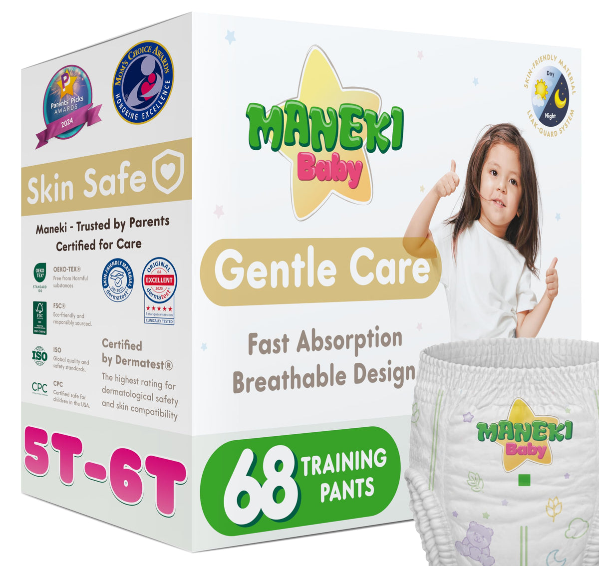 Maneki Baby Hypoallergenic Potty Training Pants 3T–4T, 76 Count (26–37 lbs), Pull-On Diaper Pants & Training Underwear, Soft, Unscented & High Absorbency for Overnight & Daily Use (Pack May Vary)