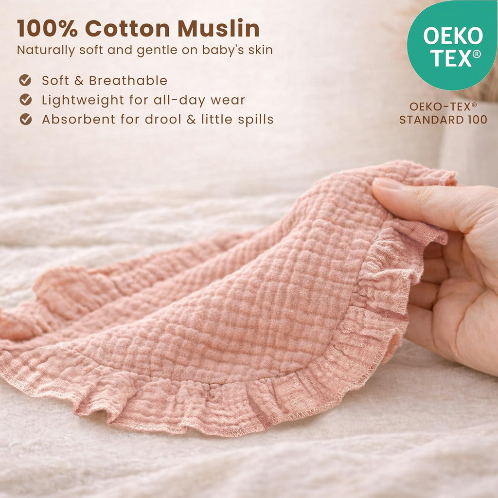 Konssy 3-Pack Muslin Baby Girl Bibs, 100% Cotton with Ruffle Trim