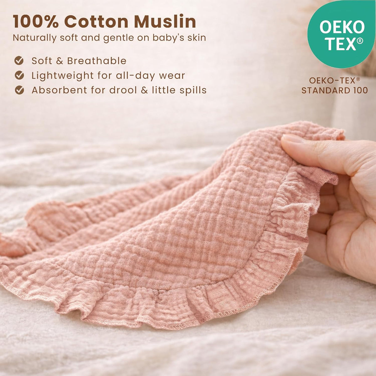 Konssy 3-Pack Muslin Baby Girl Bibs, 100% Cotton with Ruffle Trim